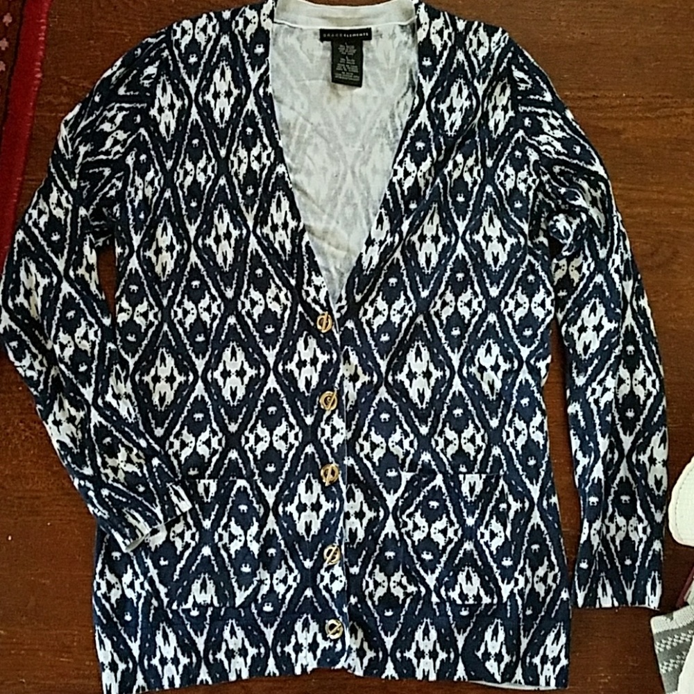 Grace Elements L Navy Blue and White Cardigan